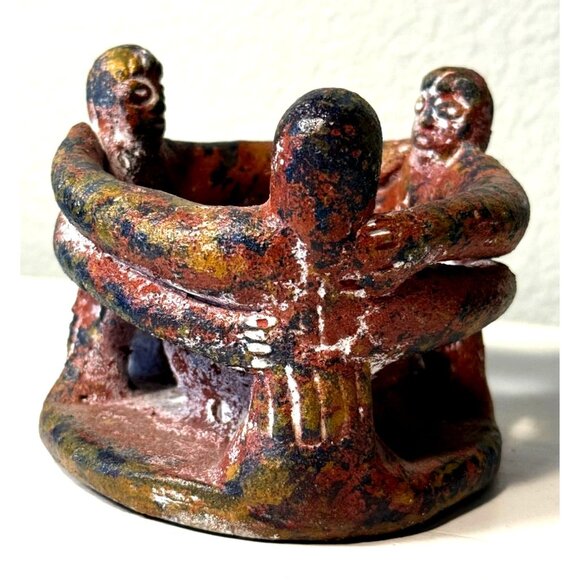Aztec Mayan Circle of Friends Candle Holder Red Clay Mexican Pottery Vintage Dec - Picture 2 of 11